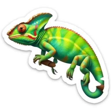 Giant Chameleon blending into natural surroundings, perched on a branch. Its vibrant colors shift with the environment. Lush greenery, branches, and soft sunlight create a peaceful, nature-filled background. Transparent background, showcasing the chameleon's colorful, textured skin. sticker