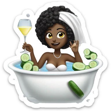 Girl with white towel wrapped around hair and cucumbers on eyes with manicure  holding a martini glass and bottle in black high heels kicking feet out in bubble bathtub  sticker