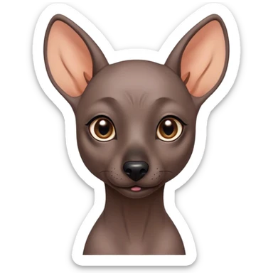 Cinematic Cute Xoloitzcuintle Portrait Emoji, Head tilted playfully and inquisitively, featuring smooth, hairless ebony skin with distinctive, artistic wrinkles, round, sparkling dark eyes filled with curiosity, Simplified yet irresistibly adorable features, highly detailed, glowing with a warm, friendly glow, high shine, affectionate and spirited, stylized with a touch of whimsy, bright and endearing, soft glowing outline, capturing the essence of a mischievous yet loving companion, so playful it feels like it could trot out of the screen and into your arms! sticker