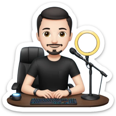 a setup of a youtuber, white skin, thin goatee, black short hair, with a desktop pc on a table, a gaming chair, microphone, ring light sticker