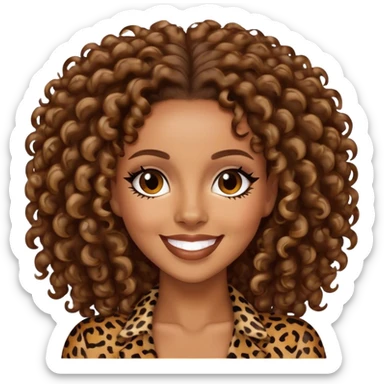 Melanie Brown with brown curls wearing leopard print and smiling sticker