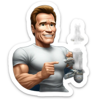 arnold schwarzenegger saludando desde la ventanilla de una nave espacial sticker