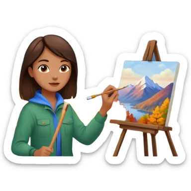 Brunette Artist painting a beautiful autumn mountain peak destination on canvas sticker