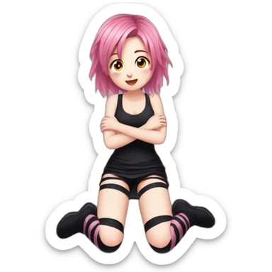 Front view curvy emo girl pink hair sits on the floor straight view hands up black skirt striped torn stockings sticker