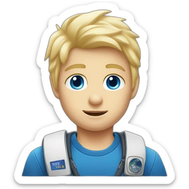 Blond boy with blue eyes wearing a spacex tshirt sticker
