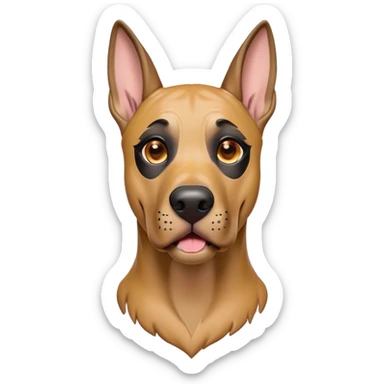 Cinematic Comical Fawn Great Dane Portrait Emoji, Head tilted dramatically with an exaggeratedly amused expression, featuring a sleek fawn coat with a subtle dark mask, wide, expressive amber eyes filled with playful disbelief, Simplified yet hilariously expressive features, highly detailed, glowing with a slightly sassy glow, high shine, dramatic yet playful, stylized with an air of cheeky mischief, bright and endearing, soft glowing outline, capturing the essence of a spirited and over-the-top guardian, so meme-worthy it feels like it could side-eye its way into internet fame instantly! sticker