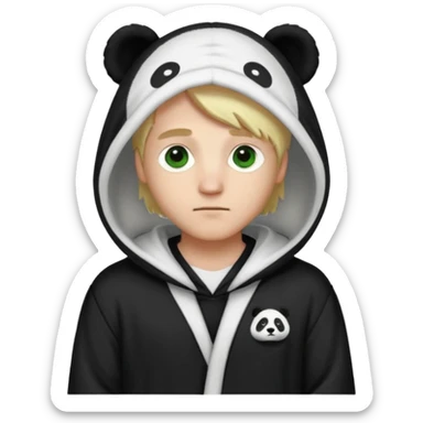 A white man with green eyes, medium-length blond hair, wearing a panda hoodie and black pajama-like robes. sticker