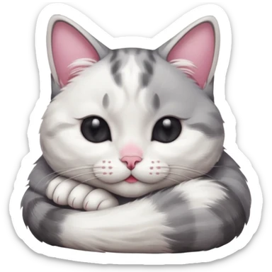 grey and white small cat with its eyes closed lying down with its head resting own paw sticker