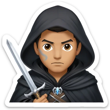 A mysterious swordsman in a black cloak, mist swirling around him sticker