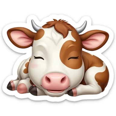 Meme-Worthy Cute Sleeping Brown and White Cow Portrait Emoji, Head resting peacefully with a contented smile, showcasing a robust build and a luxuriously soft patterned hide of brown and white, eyes shut in a serene, restful nap, Simplified yet hilariously adorable features, highly detailed, glowing with a soft, drowsy light, high shine, relaxed and utterly lovable, stylized with an air of playful laziness, bright and heartwarming, soft glowing outline, capturing the essence of a comically sleepy cow, so meme-worthy it feels like it could instantly become the next viral sensation of adorable slumber! sticker