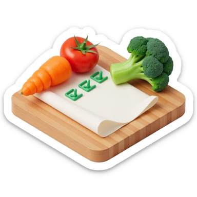 carrot tomato brocoli on the wooden cutting board with floating rolled paper list with green checkboxes sticker