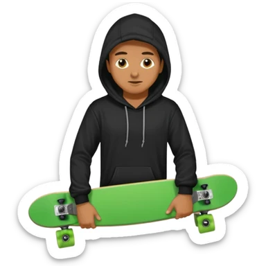 Un hombre sorteando con camisa negra y tabla verde y encapuchado sticker