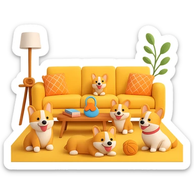 Change the dog family to a corgi breed, keep the cheerful living room scene, in the style of 3D emoji style, with no background. sticker