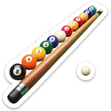 A close-up of a pool cue aimed at a set of colorful billiard balls resting on a green felt table. The focus is on the cue stick and the arrangement of balls, with subtle details of the game’s texture and atmosphere, emphasizing the precision and skill of billiards. sticker