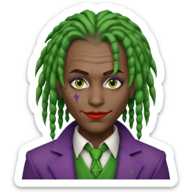 joker with dark skin, green dreadlocks, binary code motifs, partial white makeup sticker