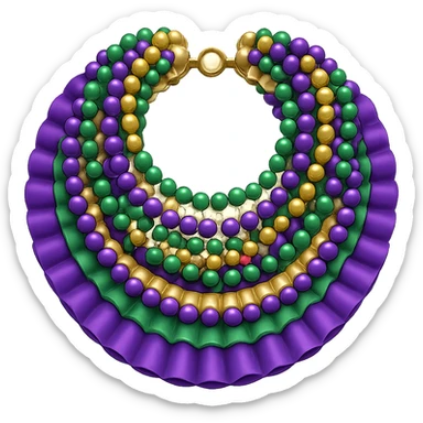 Add Mardi Gras beads to the simple collar while keeping the basic purple, green, and gold ruffles. The style should resemble emoji style with a transparent background. sticker