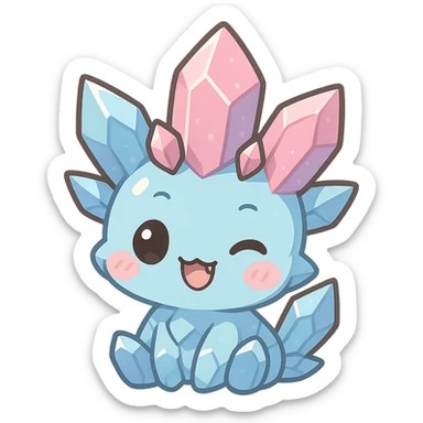 chibi kawaii crystal sprite creature, blue and pink crystals, winking, tiny fangs, cute and adorable sticker