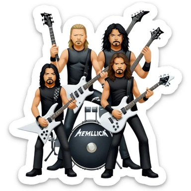 Icon for Metal Music: Metallica band members detailed in their signature look. James Hetfield with guitar, Lars Ulrich on drums, Kirk Hammett with his electric guitar, and Robert Trujillo playing bass. Bold, energetic style with musical notes, all in a heavy metal aesthetic. Transparent background. sticker