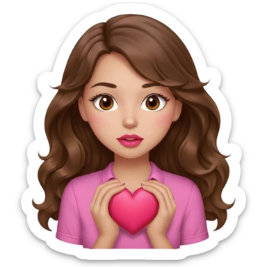 girl with long wavy brown hair, brown eyes, light to medium complexion, in a pink shirt, pink lips, long lashes, sexy , puckering, blushing, kissing a heart sexy sticker