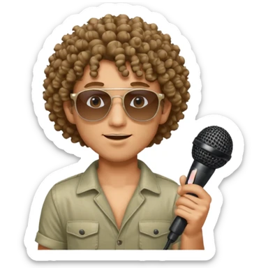 curly haired man with summer clothes and sun glasses holding microphone sticker