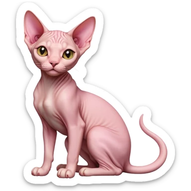cinematic-[sphynx cat]-realistic-full-body-sitting-emoji,-tail-curled-playfully-around-its-paws,-head-tilted-dramatically,-sleek-[pink]-skin,-simplified-yet-realistic-focused-features,-highly-detailed,-glowing-with-an-almost-sarcastic-glow sticker