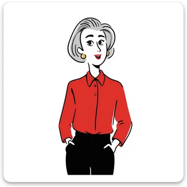 Sophisticated senior woman in her 70s with radiant complexion, elegant silver-gray bob haircut, hazel eyes, defined cheekbones, wearing vibrant red lipstick and a structured red blouse sticker