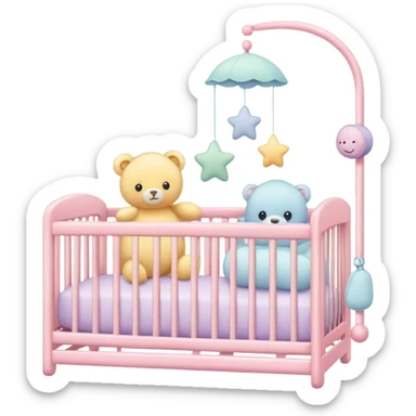 pastel baby nursery items including crib, mobile, and plush toys sticker