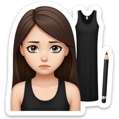 a fair girl with straight long brunette hair, black tank top, eyeliner on. Looking sad sticker