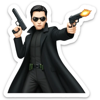 Neo from The Matrix in long black coat, sunglasses, and stopping bullets sticker