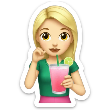 blonde girl straw drinking pink lemonade with one green lemon in the cup, with black watch sticker