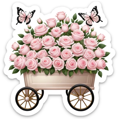 A nostalgic Parisian flower cart, overflowing with freshly picked pale pink roses and white peonies, its golden wheels glistening under the soft glow of lantern light, with pearl butterflies resting on the floral arrangements.
 sticker