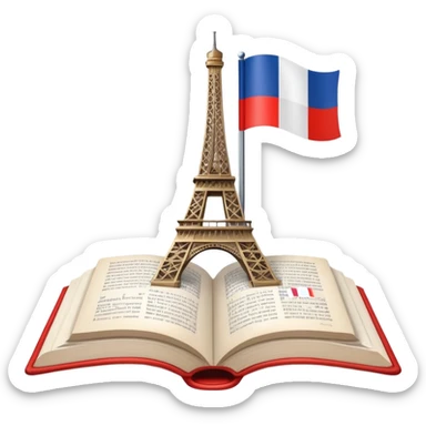 An icon featuring the Eiffel Tower and the flag of France, symbolizing the French language. The design includes an open book with French text, representing language learning and French culture. Transparent background highlights the elegance of the French-speaking world. sticker