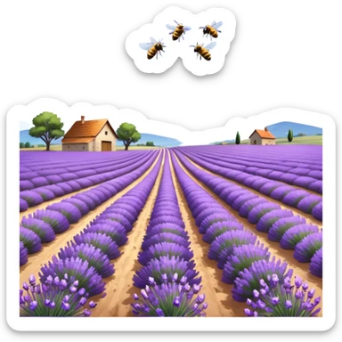 An expansive lavender field under a bright blue sky with fluffy white clouds, rows of fragrant purple flowers stretching into the distance, bees buzzing busily, a narrow dirt path winding through the field, and a rustic farmhouse visible far away, still life sticker