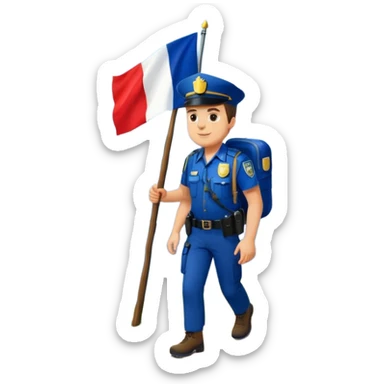 Adventurous man hiking with a police badge with mountains in the background. The French flag is on a tree sticker