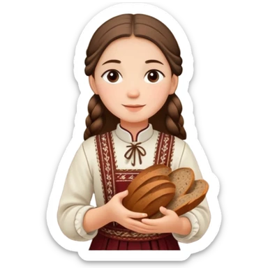 a girl who wears a Latvian folk suit stands in the kitchen and holds a newly baked rye bread - traditional Latvian food - in her hands. sticker