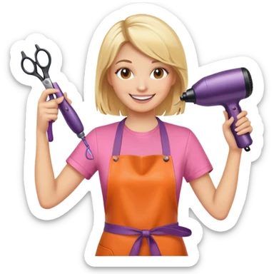 blonde female hairstylist smiling, pink t-shirt, orange apron, hands up, holding scissors and hairdryer clearly shown sticker