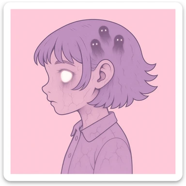 Add more horror details to this pastel horror profile picture, keep it cute, expressive, and minimal, in the style of imagen-4-fast (soft pastel colors, subtle horror elements, minimalistic and cute expression) sticker