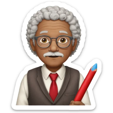 old man teacher, brown skin, curly grey white hai, wearing glasses, brown vest, red tie hold chalk on hand sticker