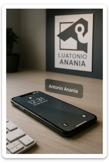 A photo of an iPhone with the message "Antonio Anania" on its scree, both surrounded by soft light and shadow. The phone sits atop a desk with a blurred background that suggests work environment. A faint glow from above casts gentle shadows across the surface of each object, creating depth and highlighting their textures. sticker