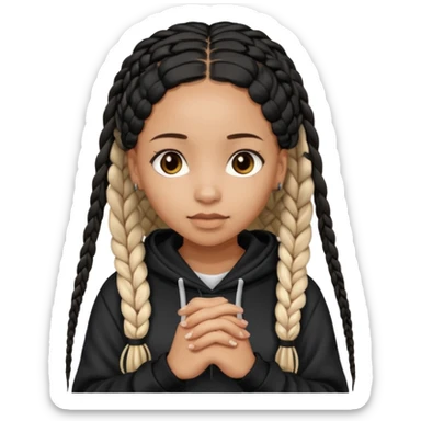African American light skin girl with long black box braids wearing a black hoodie with hands folded together sticker