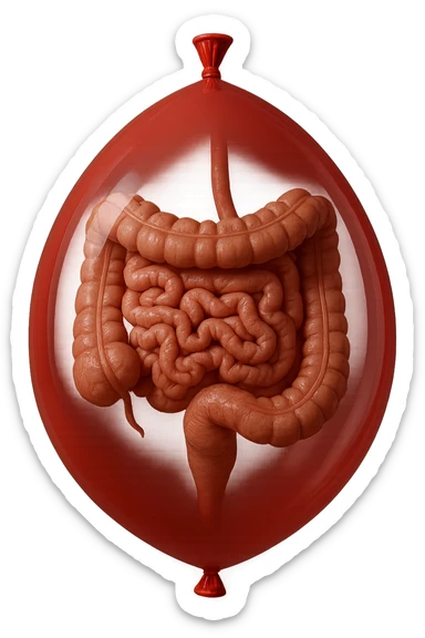 intestino umano anatomico chiuso in un palloncino rosso, iperrealistico 4k sticker