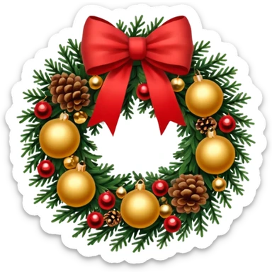A Christmas wreath made entirely of fir trees, decorated with a single red bow at the bottom, pine cones, and Christmas tree balls. sticker