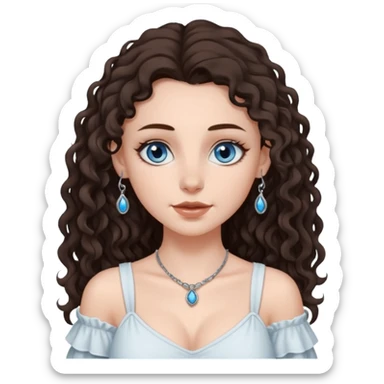 white girl, dark brown long slightly curly hair , skinni but with big breast , septum piercing on nose, beautiful dark gray-blue eyes, in white dress sticker