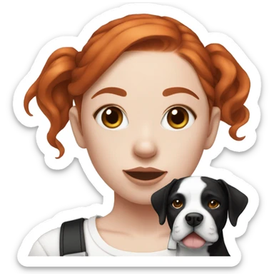 Red haired girl with septum piercing holding black and white English Staffordshire dog sticker
