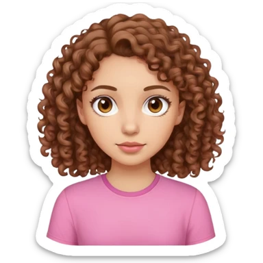 light-skinned girl with shoulder-lenght brown curly hair, brown eyes and pink shirt sticker