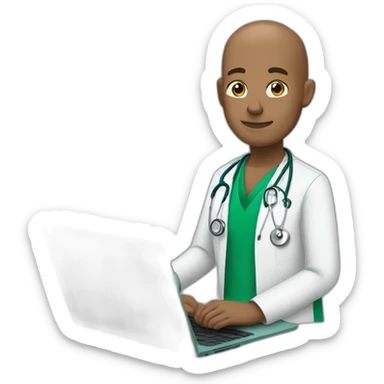 a bald doctor with light brown skin in green scrubs and no stethoscope sitting in front of a laptop sticker