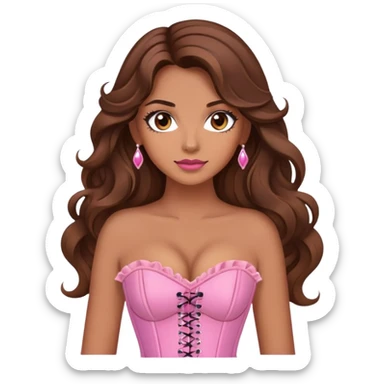 Une femme à la peau mat et aux cheveux long, châtain et ondulé. Elle a les yeux marron et elle est maquiller, elle porte un corset rose.  sticker