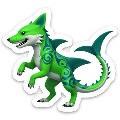 Edgy cool badass Neon-green landhai-sergal-wolf-canine, with a shark tail, with black and dark-green swirly patterns markings sticker