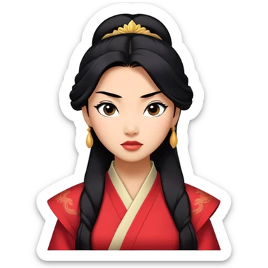 Cinematic Realistic Mulan Portrait, depicted with lifelike skin texture, soft natural lighting, and intricately detailed long black hair styled elegantly. Her deep, expressive eyes exude determination and grace, complemented by a serene yet confident expression. She is dressed in her classic attire, with rich fabric textures and delicate folds that catch the light beautifully. The portrait features a soft, enchanting glow with a natural, radiant finish, capturing the essence of timeless strength and beauty in a realistic and painterly style, evoking a sense of depth and authenticity. sticker