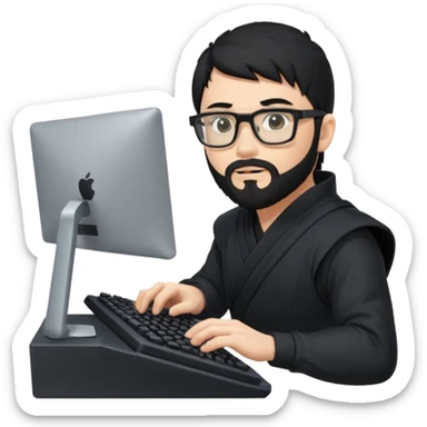Man with black hair and beard wearing glasses in a ninja costume typing on a computer keyboard sticker